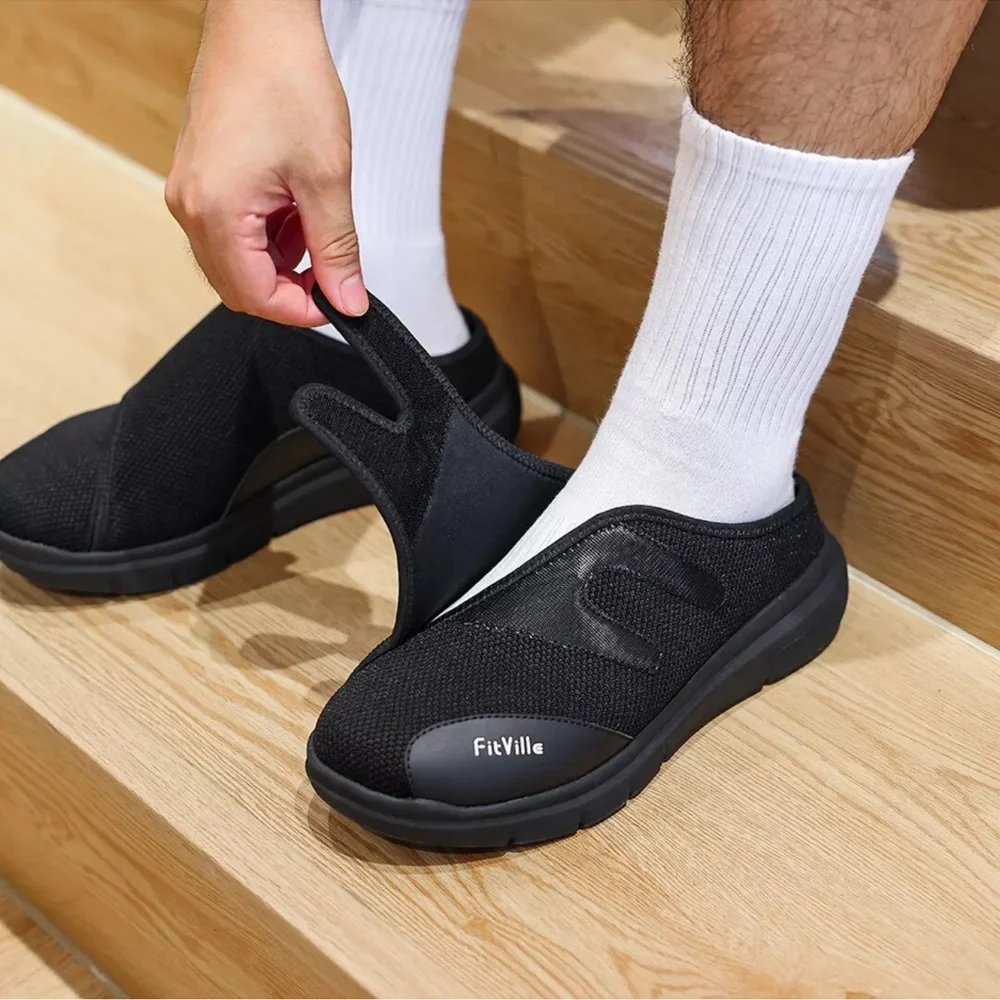 FitVille Men's 9 Diabetic Shoes Slip-On Adjustable Clogs Mules for Swollen Feet